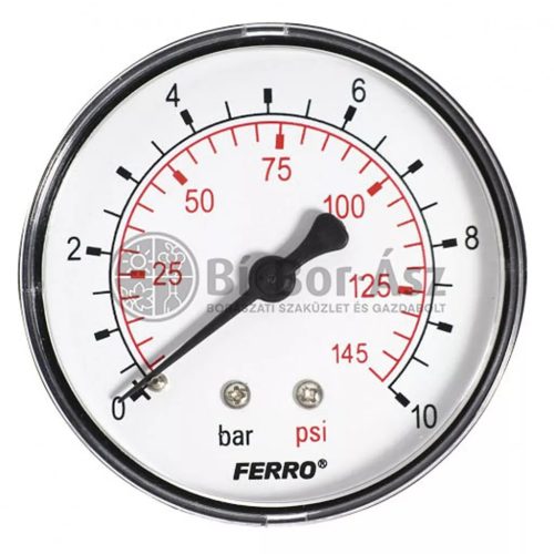 Nyomásmérő óra FEKVŐ 50mm műa. ház 0-10 bar (1/4")