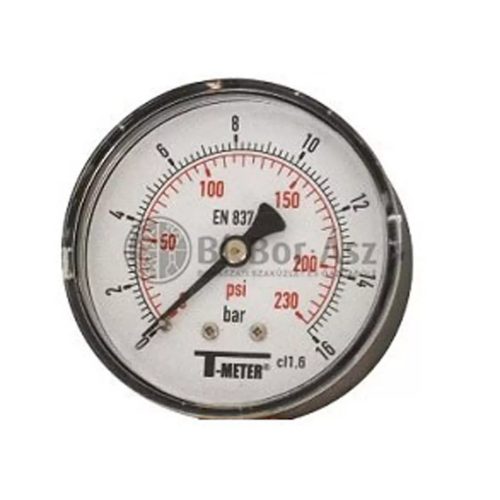 Nyomásmérő óra FEKVŐ 50mm műa. ház 0-16 bar (1/4")