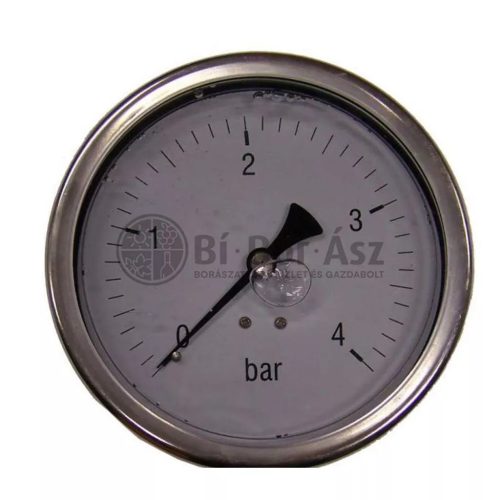 Nyomásmérő óra FEKVŐ 63mm INOX ház Glic. 0- 4 bar (1/4")