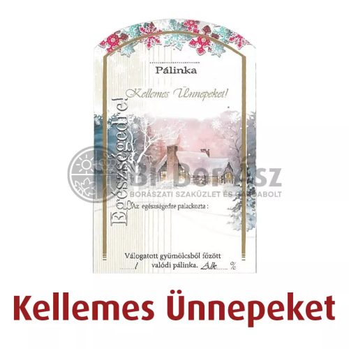 Címke pálinkás 10 db-os (íves) Kellemes Ünnepeket! (Éjszakai táj, Havas Ház)