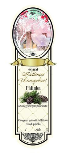 Címke pálinkás 10 db-os new keskeny Kellemes Ünnepeket! (Éjszakai táj, Havas ház)