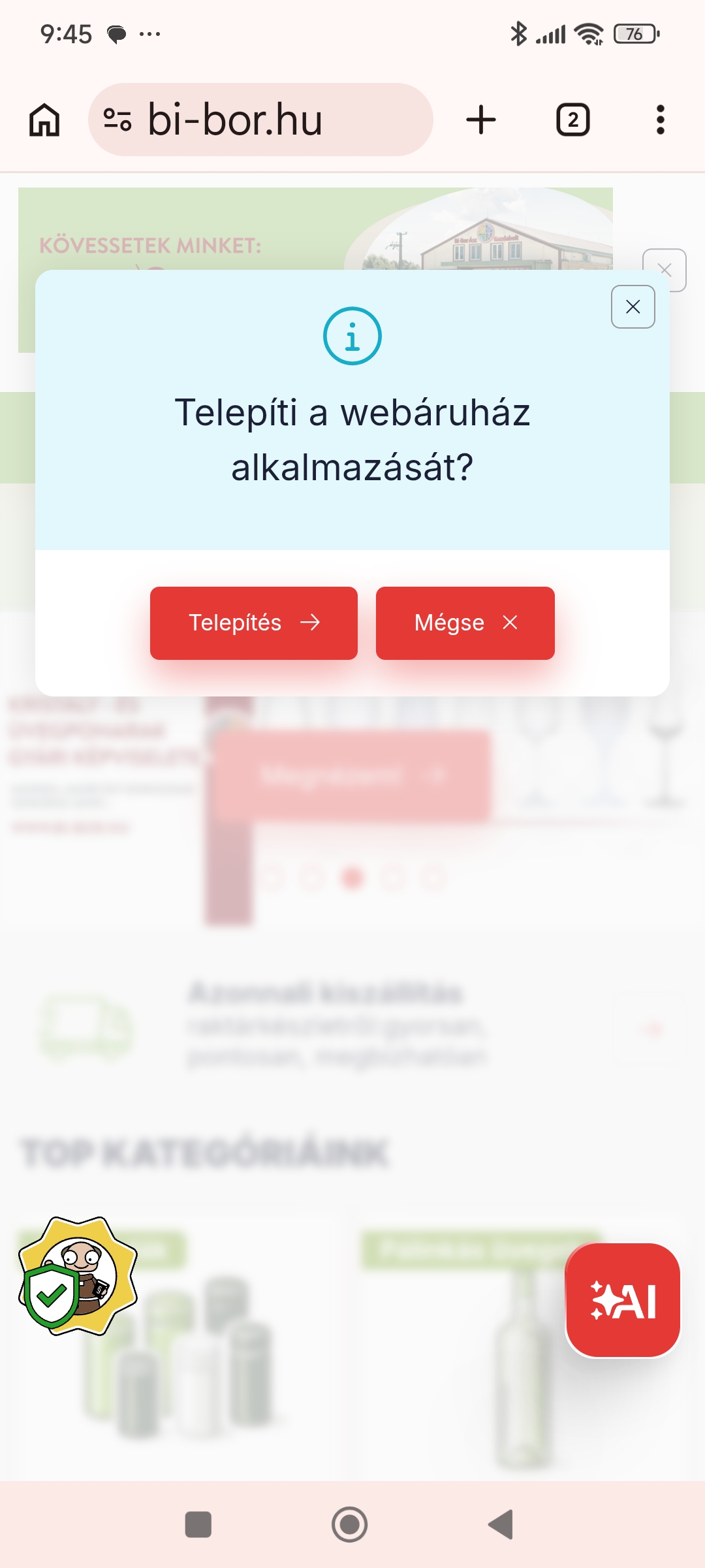 Bí-Bor-Ász alkalmazás telepítése Androidon - telepítés gomb